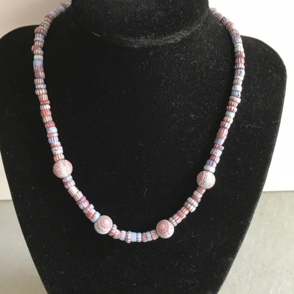Vintage Handmade Glass Mosaic Chevron Bead Sterling Silver Clasp 16 In Necklace